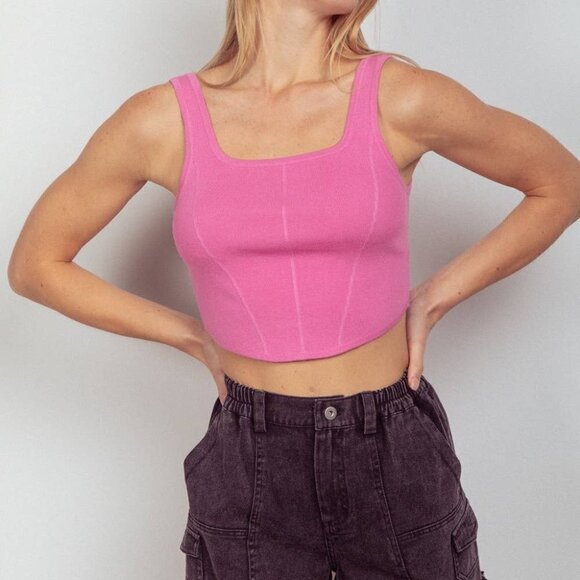 Square Neck Crop Fitted Sweater Knit Tank Top, Pink - Picture 1 of 4